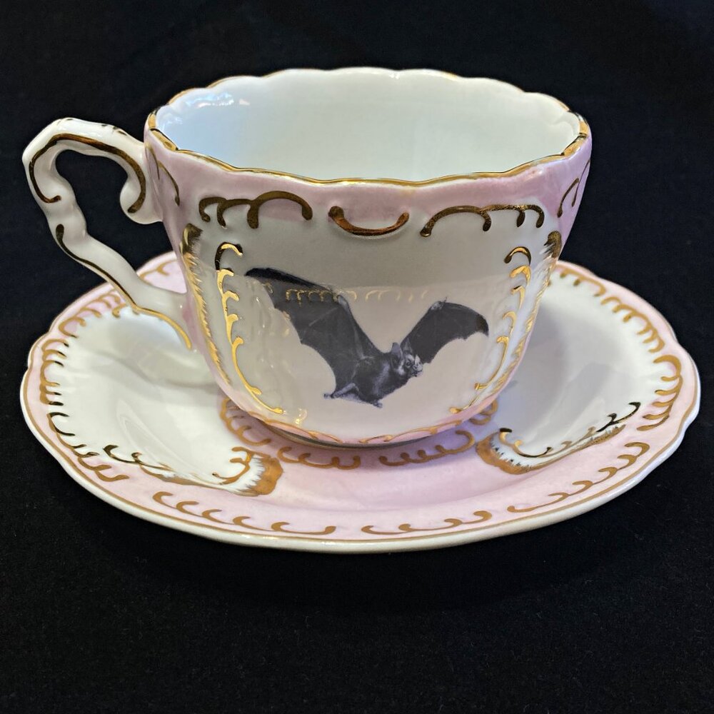 Goth Princess Teacup & Saucer with Hand painted Gold Details & Bat Decoration 🦇 - Picture 2 of 7